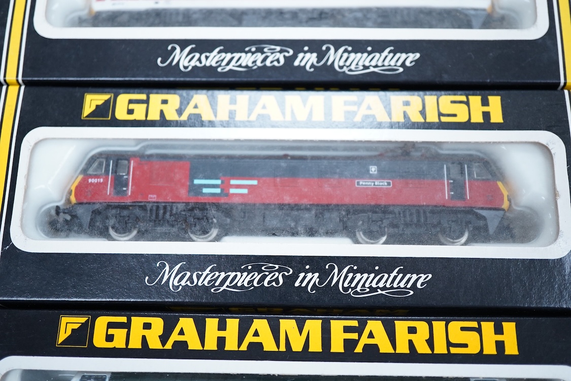 Four boxed Graham Farish N gauge railway electric and diesel locomotives; a BR class 55, Argyle & Sutherland Highlander D9021 (8414), a Freightliner class 57, Freightliner Pioneer 57001 (804A), a Rail Express class 90, P
